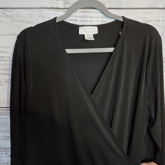 Janette Plus Elegant Black Wrap Dress Knee Length Longsleeve Plus Size 1x,2x,3x - Picture 5 of 6
